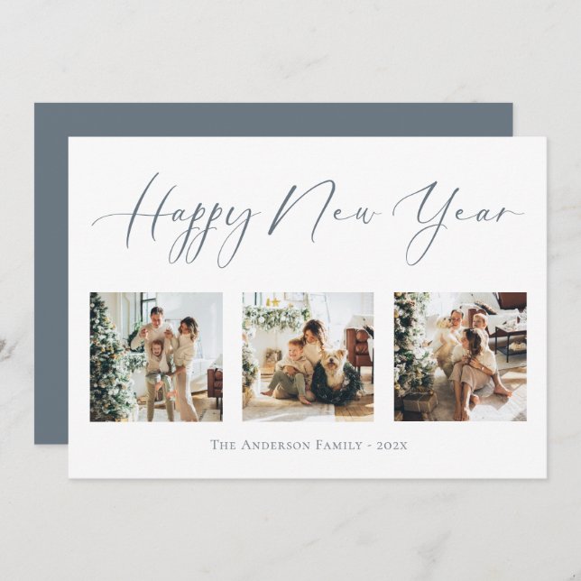 Cartão De Festividades Colagem de Fotografias Azul e Dusty com feliz ano  (Frente/Verso)