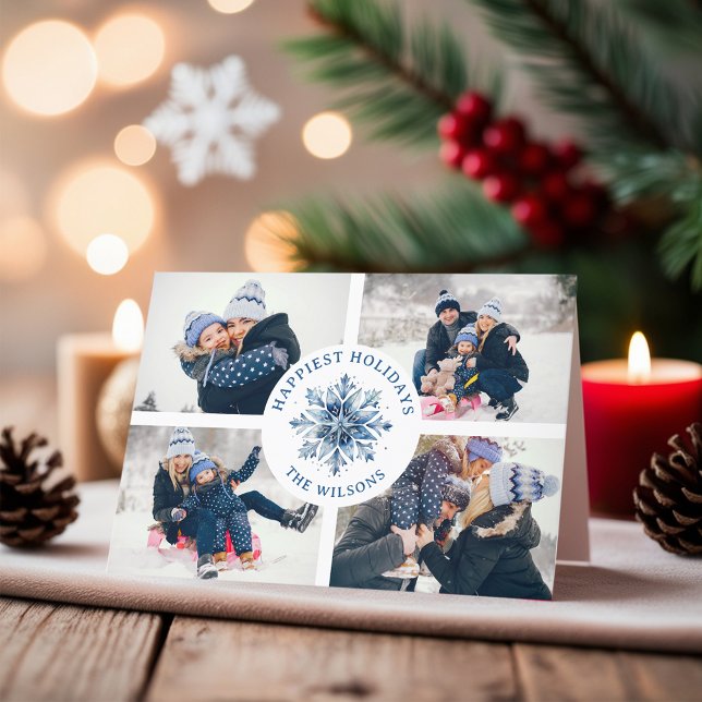 Cartão De Festividades Colagem de Fotografias com Floco de Neve Azul de C (Criador carregado)