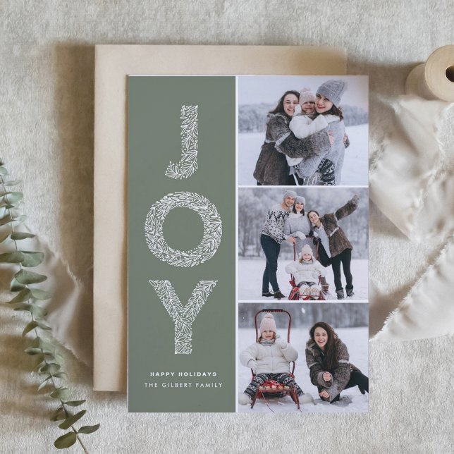 Cartão De Festividades Colagem de Fotografias com Letra de JOY Verde Taup (Celebrate the season with our customizable three photo collage Christmas card.)