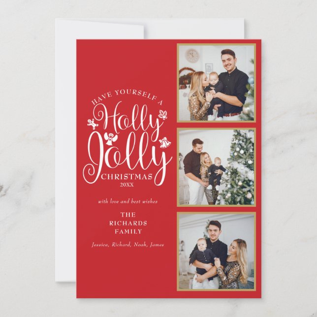 Cartão De Festividades Colagem de Fotografias de Natal Holly Jolly Script (Frente)