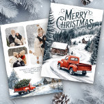 Cartão De Festividades Colagem de Fotografias do Vintage Red Christmas Tr<br><div class="desc">Cartão de Natal elegante com um belo caminhão vermelho que passa por uma vila nevada. Basta adicionar seu texto neste modelo fácil de usar e adorar este cartão com suas fotos favoritas para torná-lo um cartão de feriado único.</div>