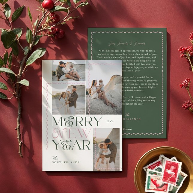 Cartão De Festividades Colagem de Fotografias Moderna, Mínima 4 Moderna,  (Merry New Year Wavy Modern Minimal 4 Photo Collage Holiday Card)