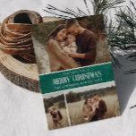 Cartão De Festividades Colagem de Fotografias Rustic Green Winter Christm<br><div class="desc">Este simples e rústico design de feriado apresenta uma colagem das suas três melhores fotos de família sobre uma textura rústica de papel na cor verde esmeralda e a palavra "Feliz Natal" em texto de script antigo. Perfeito para cartões de saudação do estilo da fazenda. Adicione facilmente sua melhor foto,...</div>