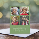Cartão De Festividades Colagem de Fotografias Semestral de Natal Mínimo<br><div class="desc">Padrão de Xadrez verde-safra no verso - Um Cartões de natal simples e minimalista com 4 fotos quadradas e caligrafia moderna. Coloque suas fotos em quadrados antes de carregar.</div>