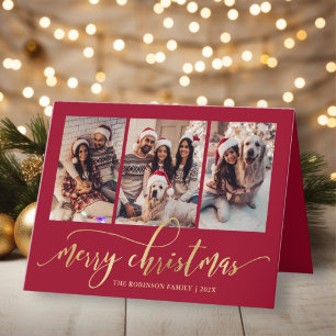 Cartão De Festividades Colagem de Fotos 3 Natal Vermelho Roteiro Dourado