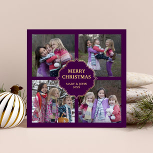 Cartão De Festividades Colagem de Fotos 4 Quadrados Natal Purple e Gold