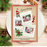 Cartão De Festividades Colagem de Fotos Antigas de Holly Feliz Natal<br><div class="desc">Capture a magia da época natalina com nosso cartão de Natal Vintage Holly Photo Collage Merry Christmas. Este cartão com inspiração retrô apresenta molduras de slides encantadoras adornadas com os clássicos motivos de Papai Noel, Sra. Claus e folhagens florais de azevinho. Com espaço para adicionar três das suas fotos favoritas,...</div>