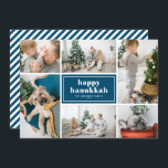 Cartão De Festividades Colagem de Fotos Azul Feliz Hanukkah Typografia<br><div class="desc">Feliz Hanukkah! Envie desejos de férias e saudações com este cartão com fotos de feriado moderno e na moda. Apresenta uma tipografia retrógrada com riscas diagonais brancas e azuis. Personalize adicionando suas fotos favoritas, saudações, nomes e outros detalhes. Os textos são perfeitamente editáveis. Disponível como cartão plano, cartão dobrado e...</div>