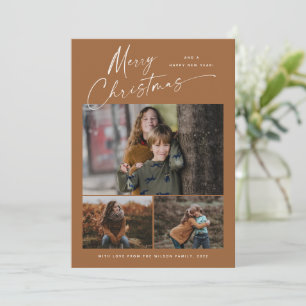 Cartão De Festividades Colagem de Fotos Boho Feliz Natal Branco Script 3