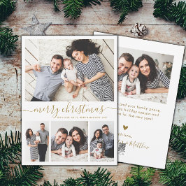 Cartão De Festividades Colagem de Fotos Branca 4 Elegante Dourada Holid d