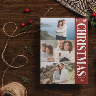 Cartão De Festividades Colagem de Fotos com Estilo Vermelho e Branco Feli