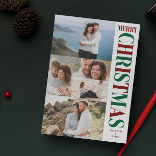 Cartão De Festividades Colagem de Fotos com Estilo Vermelho e Verde Feliz