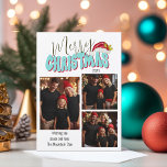 Cartão De Festividades Colagem de Fotos da Família 3 Retro Fonte Feliz Na<br><div class="desc">Este festivo design de Natal Feliz foi criado usando uma fonte moderna e divertida e minha letra de bloco escrita em um anos 80 retrô em azul suave e vermelho tocado com minha mão pintou o chapéu de Papai Noel com sombra e bagas para fazer sua foto familiar brilhar como...</div>