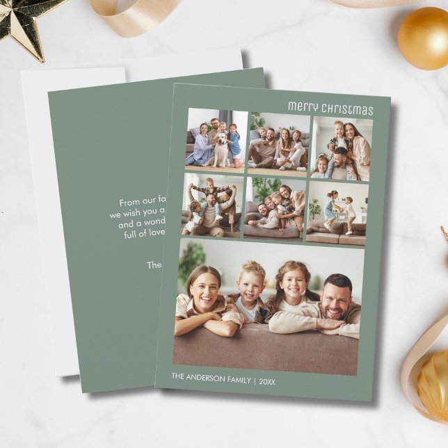 Cartão De Festividades Colagem de Fotos da Família 7 Personalizada no Nat (Christmas Custom 7 Family Photo Collage Sage Green Holiday Card)