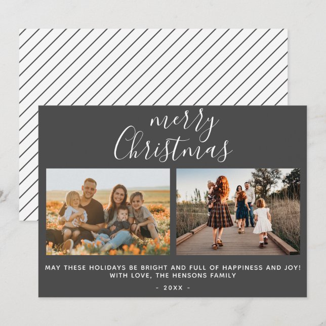 Cartão De Festividades Colagem de Fotos da Família com Letreiro Cinza Fel (Frente/Verso)