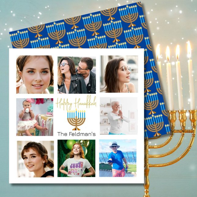 Cartão De Festividades Colagem de Fotos da Família Hanukkah Dourada Azul (Criador carregado)