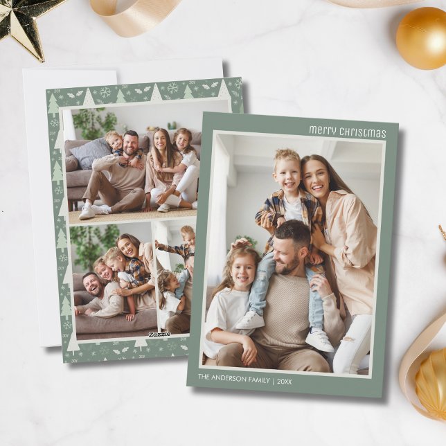 Cartão De Festividades Colagem de Fotos da Família Natal Moderno 4 Verde  (Christmas Modern 4 Family Photo Collage Sage Green Holiday Card)