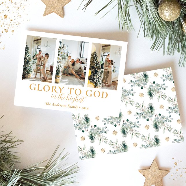 Cartão De Festividades Colagem de Fotos da Família Natal Religioso (Modern family photo collage religious Christmas card with Bible verse in white and gold)