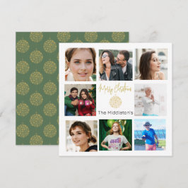Cartão De Festividades Colagem de Fotos da Família Natal Verde Dourado
