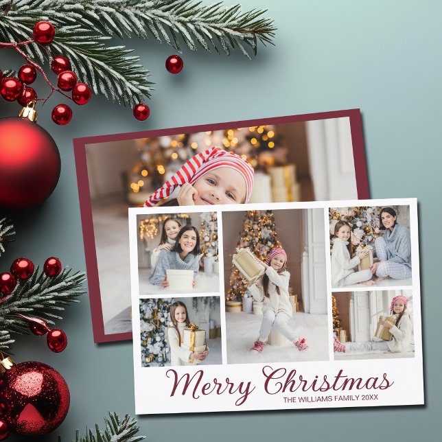 Cartão De Festividades Colagem de Fotos da Família Natal Vermelho Borgonh (Criador carregado)