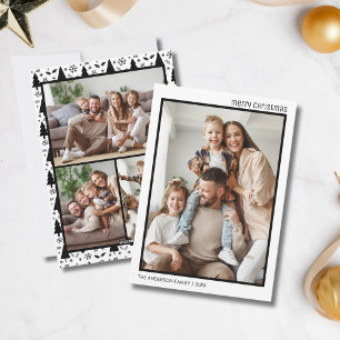 Cartão De Festividades Colagem de Fotos da Família no Natal Branco Preto