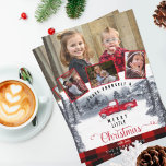 Cartão De Festividades Colagem de Fotos da Família, Xadrez, Natal, Caminh<br><div class="desc">Atraia amigos e família com este lindo cartão de colagem de quatro fotos! Imagem de aquarela russa com montanhas e paisagem florestal, caminhão vermelho-safado e a frase "Tenha um Feliz pequeno Natal" na tipografia moderna. Padrão de Xadrez de Buffalo vermelho e preto no verso e detalhe na frente. Duas seções...</div>