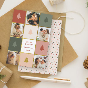 Cartão De Festividades Colagem de Fotos de Árvore de Natal Moderna e Dour