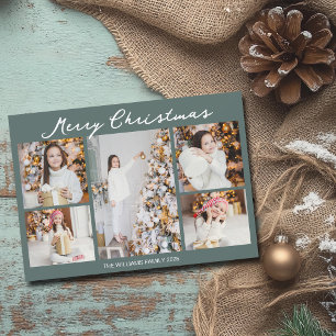 Cartão De Festividades Colagem de Fotos de Família Natal Chic Cinza Verde
