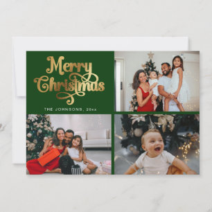 Cartão De Festividades Colagem de Fotos de Família Verde e Dourado Feliz