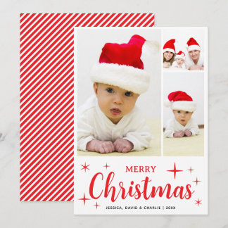 Cartão De Festividades Colagem de Fotos de Família Vermelho e Branco Feli