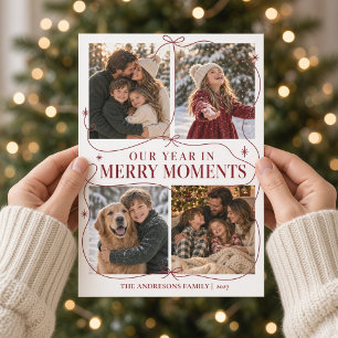 Cartão De Festividades Colagem de Fotos de Natal com Laço Burgundy Moment