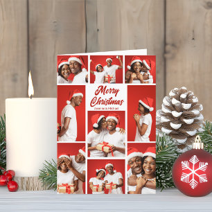 Cartão De Festividades Colagem de Fotos de Natal do Casal Vermelho Alegre