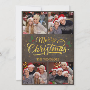 Cartão De Festividades Colagem de Fotos de Natal Elegante com Azevinho em