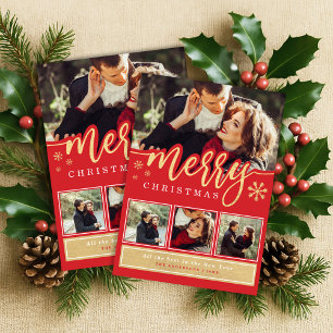 Cartão De Festividades Colagem de Fotos de Natal Feliz e Dourado Vermelho