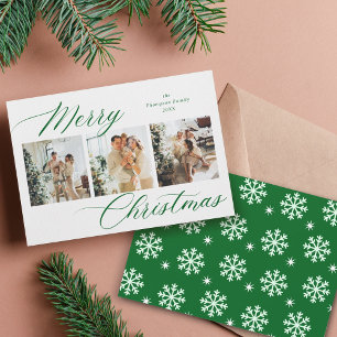 Cartão De Festividades Colagem de Fotos de Natal Feliz Script Verde Elega
