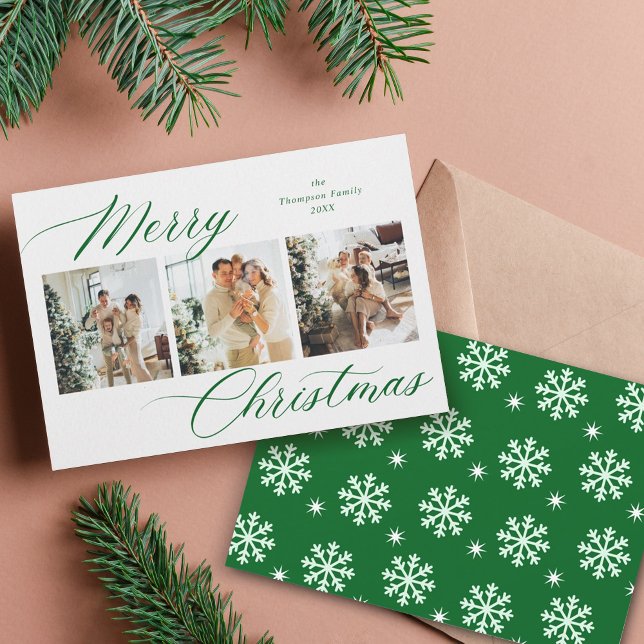 Cartão De Festividades Colagem de Fotos de Natal Feliz Script Verde Elega (Criador carregado)