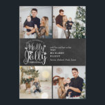 Cartão De Festividades Colagem de Fotos de Natal Holly Jolly Chalkboard 4<br><div class="desc">Um elegante design de colagem de fotos Holly Jolly 4 para você personalizar com suas fotos,  mensagens,  nomes e anos favoritos em um fundo de quadro. Os traços inversos caem flocos de neve em um fundo de quadro de quadro de chanfro correspondente. Projetado por Thisnotme©</div>