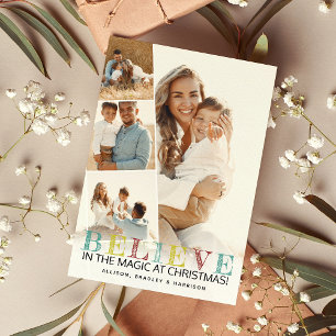 Cartão De Festividades Colagem de Fotos de Natal Moderna "BELIEVE"