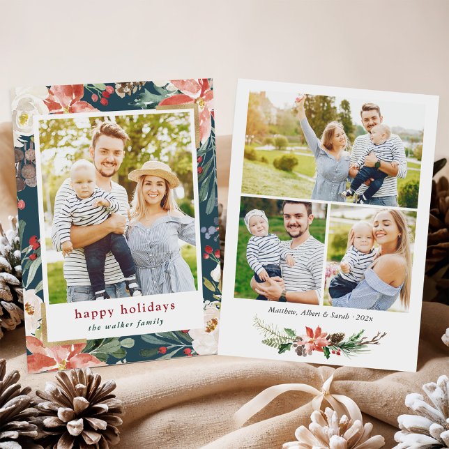 Cartão De Festividades Colagem de Fotos de Natal Poinsettia Floral 4 (Criador carregado)