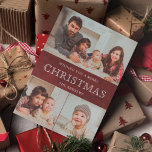 Cartão De Festividades Colagem de Fotos de Natal Rustic Maroon Red Winter<br><div class="desc">Mande a sua família e amigos um cartão de Natal elegante com as suas fotos familiares favoritas. Sacudir a carta para revelar um lindo padrão de flocos de neve na parte traseira da carta.</div>