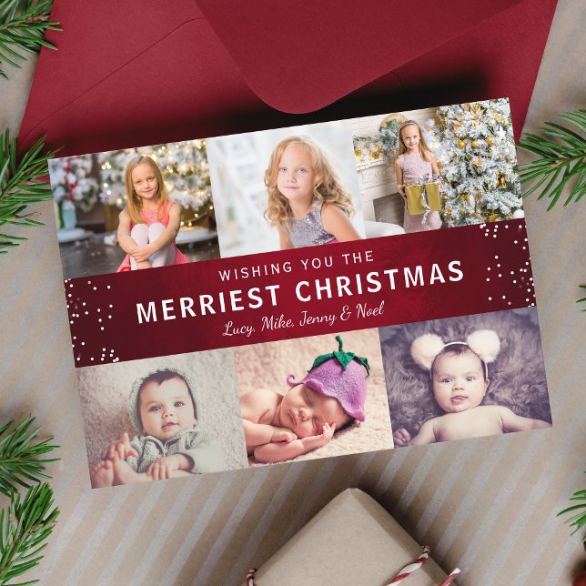 Cartão De Festividades Colagem de Fotos de Natal Rustic Maroon Red Winter (Criador carregado)