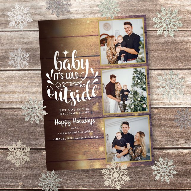 Cartão De Festividades Colagem de Fotos de Natal Rústico em Madeira 3 (Christmas Rustic Wood 3 Photo Collage Holiday Card)