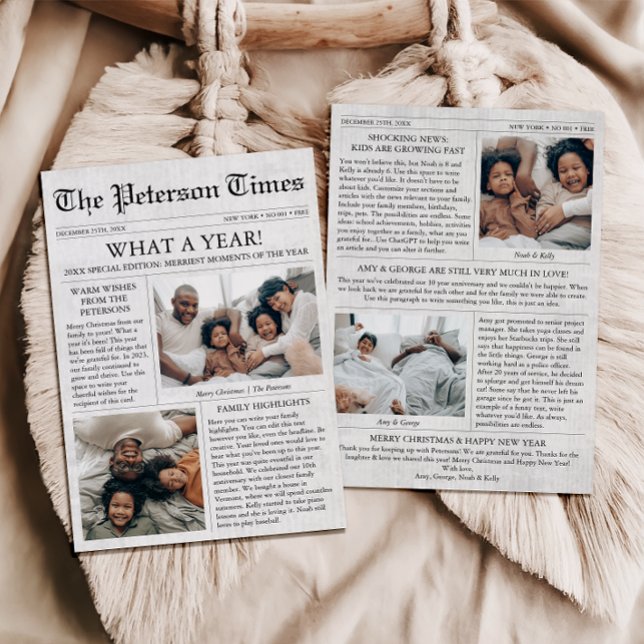 Cartão De Festividades Colagem de Fotos de Natal Única no Jornal (Christmas Newspaper Card, What a Year Family Newsletter)