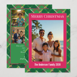 Cartão De Festividades Colagem de Fotos de Natal Xadrez Rosa Verde Preppy