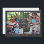 Cartão De Festividades Colagem de Fotos de Quadros de Chalkboard Poinsett<br><div class="desc">Quadros de carvão de cinzas escuras, cor-de-rosa-pincel e folhagem de cinza e flores de poinsettia, além da caligrafia com letra chic de "Feliz Feriados" no fazer médio, um cartão de colagem de fotos de Natal tradicional e rústico moderno, inspirado pela tradição. Personalize-o com quatro fotos personalizadas orientadas à paisagem e...</div>