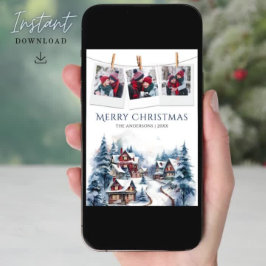 Cartão De Festividades Colagem de Fotos de Vila de Inverno em Aquarela Na