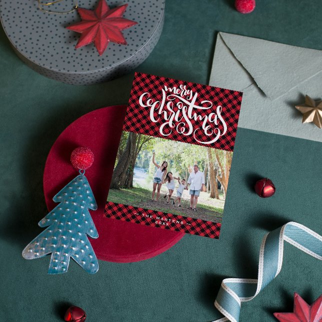 Cartão De Festividades Colagem de Fotos de Xadrez de Buffalo Feliz Natal (Criador carregado)