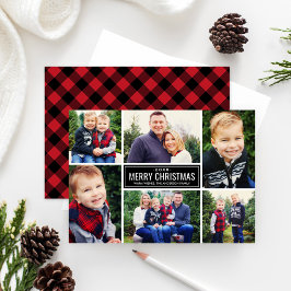 Cartão De Festividades Colagem de Fotos de Xadrez Vermelha Feliz Natal