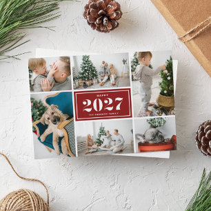 Cartão De Festividades Colagem de Fotos do Ano Novo Feliz 2027 Vermelho