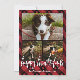Cartão De Festividades Colagem de Fotos do Cão Feliz da Xadrez Vermelha